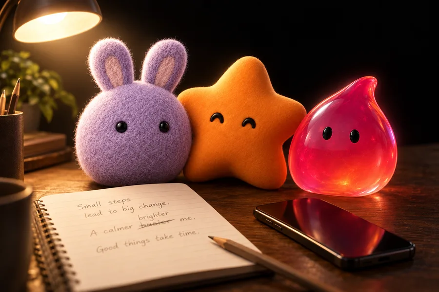 Bunny, Star and Jelly, three of the Lingently characters, on a desk at night next to a phone and a notebook with a corrected sentence