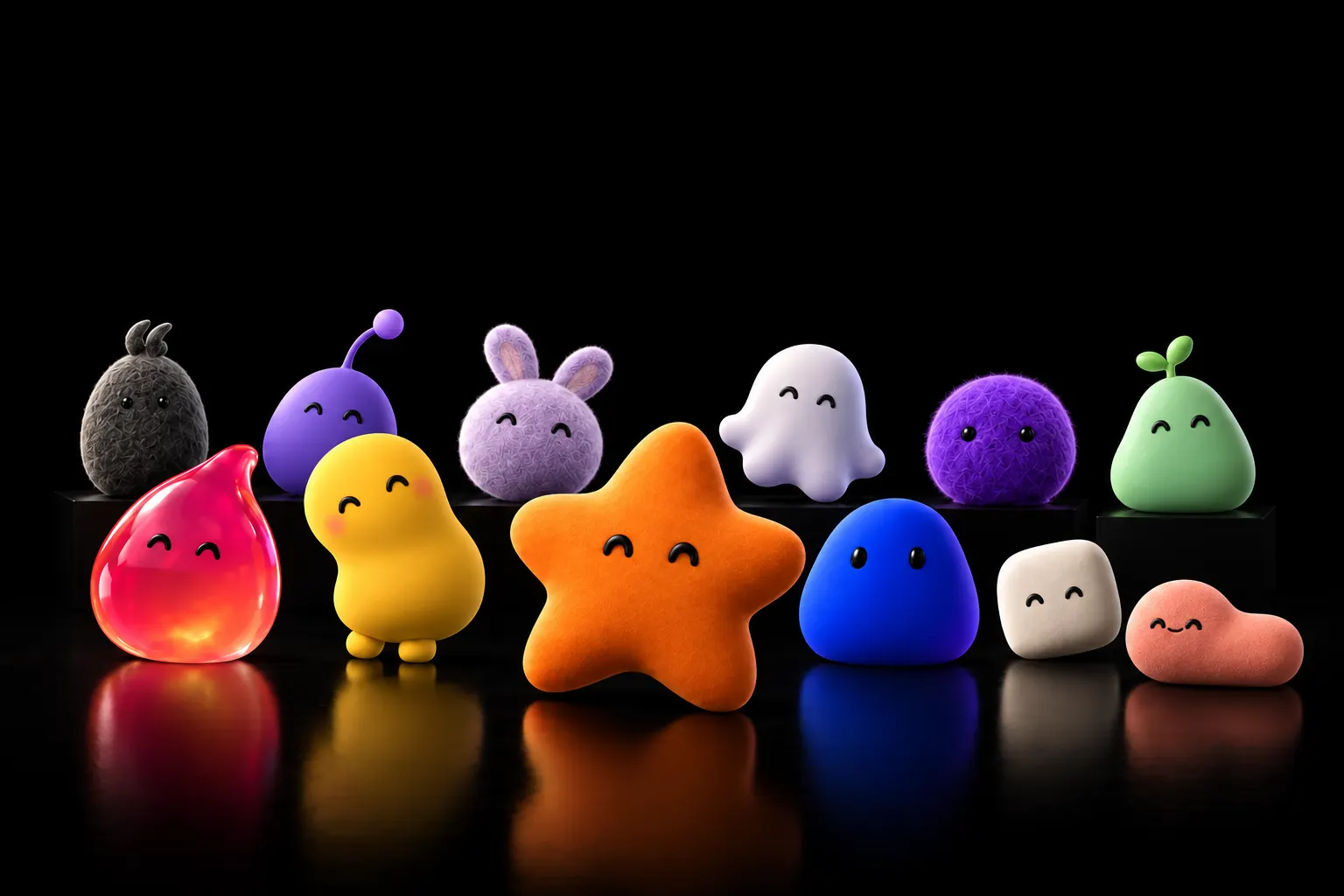 The Lingently cast: twelve soft toy characters with an orange star in front.