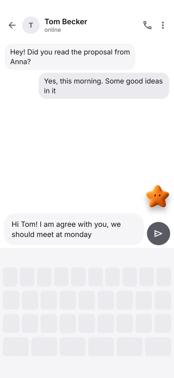 A chat app with a message being typed and the star character floating by the keyboard.
