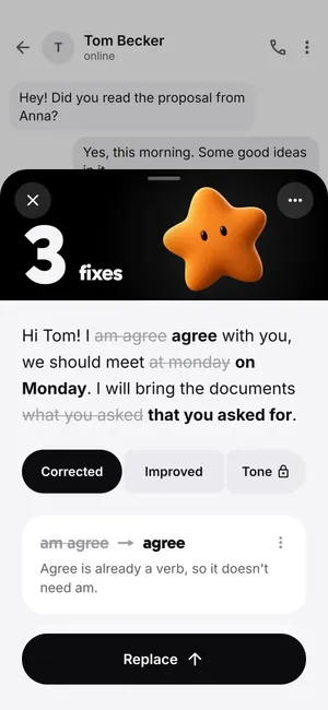 Lingently over a WhatsApp-style chat: three fixes, with "am agree" struck through and replaced by "agree".