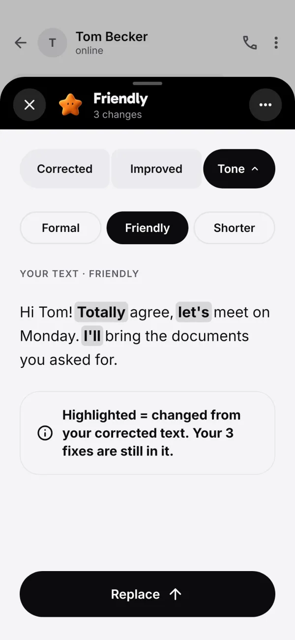 The friendly tone rewrite of the message with a Replace button.