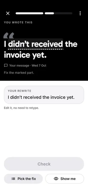 A practice card that quotes your own sentence, "I didn't received the invoice yet", for you to fix again.