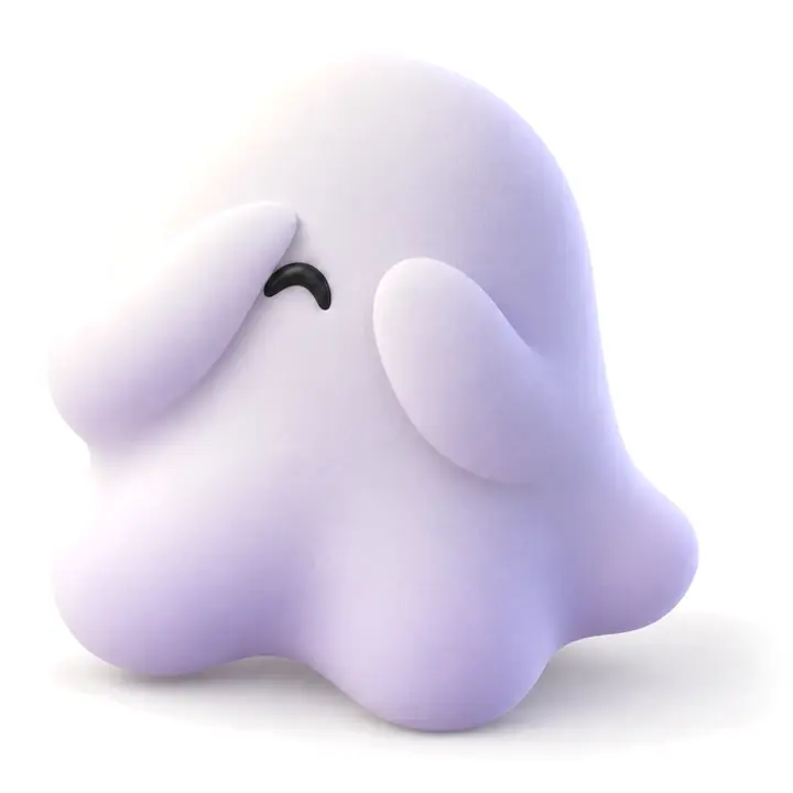 Ghost, un personaje de peluche blanco, tapándose los ojos con educación.