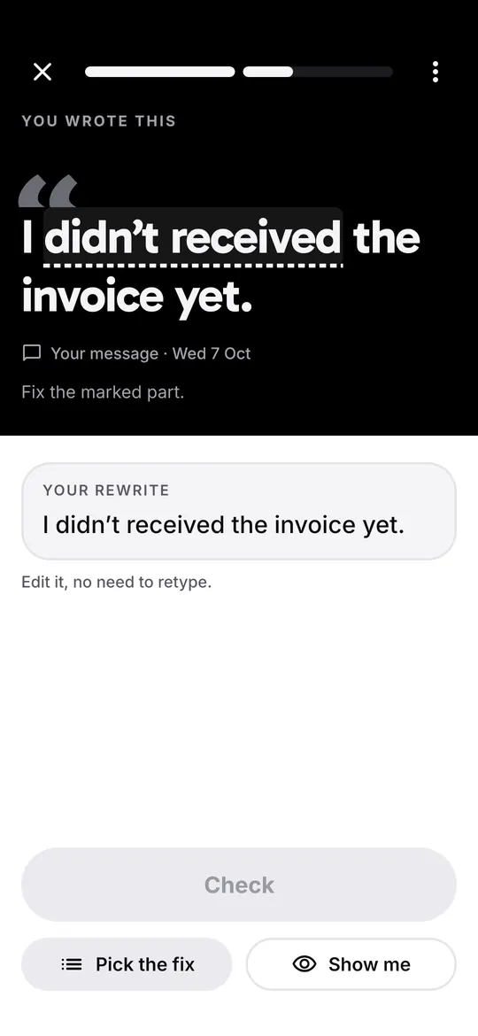 Una tarjeta de práctica que cita tu propia frase: I didn't received the invoice yet.