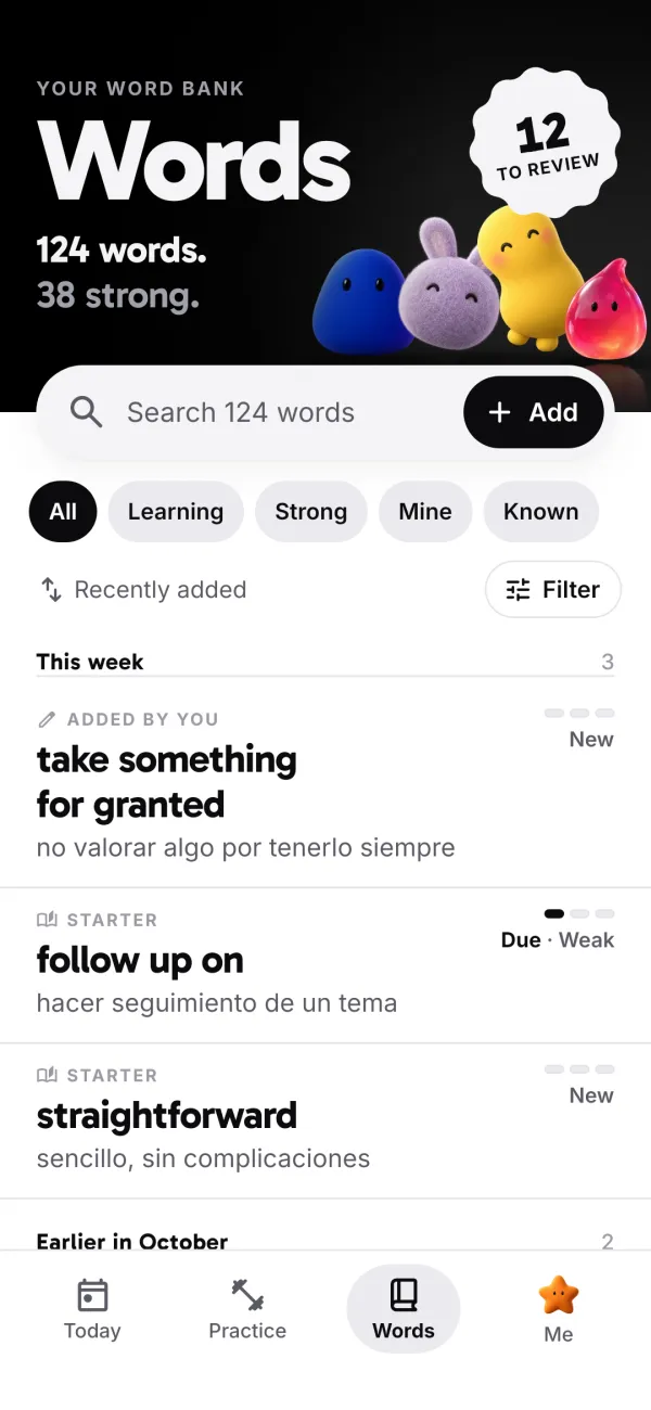 A personal word bank with 124 words and 12 to review.